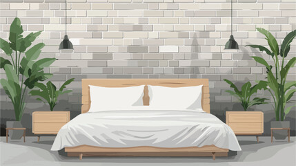 Comfortable bed nightstand and houseplants near grey