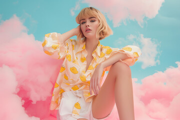 Fashion photography of fashion model sitting on pink cloud, pastel blue background, wearing oversized shirt with yellow clouds pattern print, blond hair in bob cut and white shorts. Copy space.
