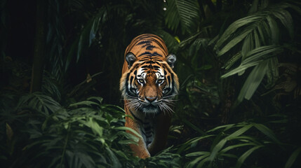 A majestic tiger prowling through the dense undergrowth of the jungle, its powerful muscles rippling beneath its striped fur. - obrazy, fototapety, plakaty