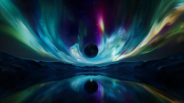 A luminous full moon hovers above an ethereal cosmic seascape. Towering teal waves crest and curve, mirroring the glowing aurora borealis dancing across the starlit sky.