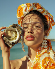 Model wearing pearl earrings, posing with an open oversized oyster in hand and orange print headscarf at the beach. Fashion magazine aesthetic.