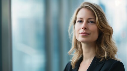 Fototapeta premium Businesswoman smile look at camera at office long hair blonde female Caucasian in suit