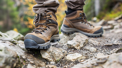 A close up of a person's feet in hiking boots walking on a rocky trail.
