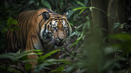 A majestic tiger prowling through the dense undergrowth of the jungle, its powerful muscles rippling beneath its striped fur.