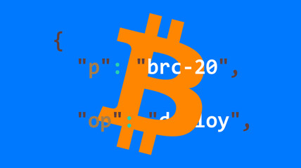 A Bitcoin surrounded by a script json ordinals. The new standard BRC-20 token use the BTC blockchain, brc 20. Bitcoin request for comment working runes indexer. - obrazy, fototapety, plakaty