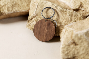 Round branded wooden keychain mockup. 3D rendering