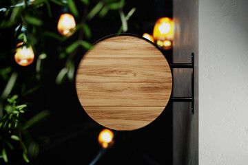 Round hanging wooden sign board mockup. 3D rendering