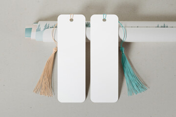 Two cardboard bookmarks with tassel mockup. 3D rendering