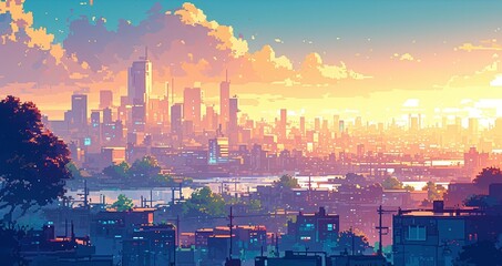 8-bit pixel art, cyber nostalgia, cityscape, purple sky at dusk