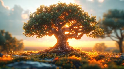 A grand banyan tree perched atop a hill, bathed in sunlight with a slightly blurred background and a blue sky
