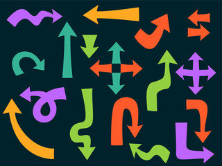 Colorful Y2k Brutalist abstract arrows shapes. Brutal contemporary figure. A collection of vividly colored arrows pointing in various directions against a dark backdrop, symbolizing choices or