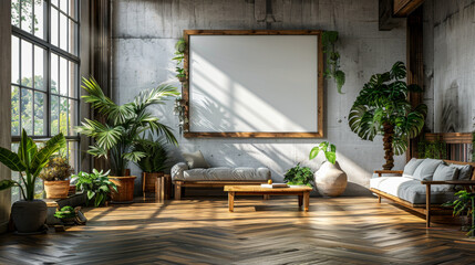 A large white wall with a picture frame and a large potted plant in front of it. The room is filled with greenery and has a modern, minimalist design