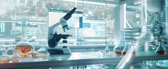 A microscope with a digital data overlay is placed on the table. Surrounded by test tubes