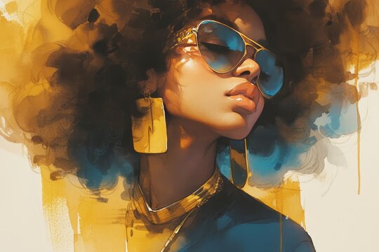 A beautiful black woman with a big afro, yellow earrings and gold necklaces is depicted in a bright colorful watercolor painting.