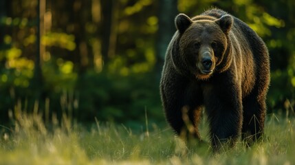 Fototapeta premium Brown bear walking on grass field near trees in forest