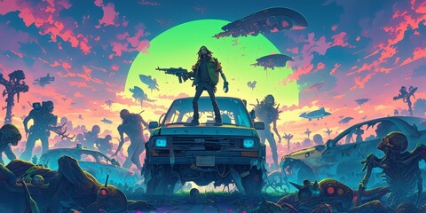 a black light poster of an alien zombie standing in front of his station wagon with other aliens around him, colorful, neon colors, space ships and ufo's flying  - obrazy, fototapety, plakaty
