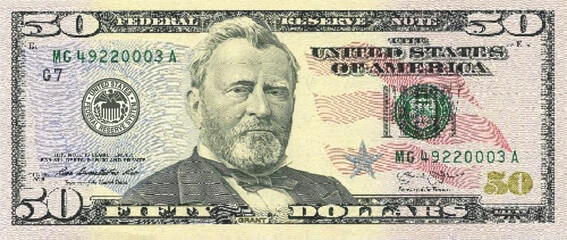 Vector obverse high polygonal pixel mosaic banknote of USA. Front side. Denominations of bill 50 dollars. Game american money of flyer.