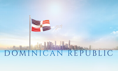 Dominican Republic national flag waving in beautiful building skyline.