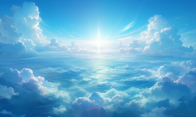 A breathtaking view of the sky, with fluffy white clouds and a radiant sun shining through them. 