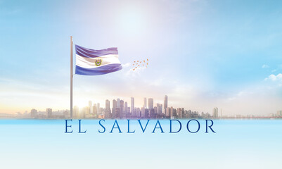 El Salvador national flag waving in beautiful building skyline.