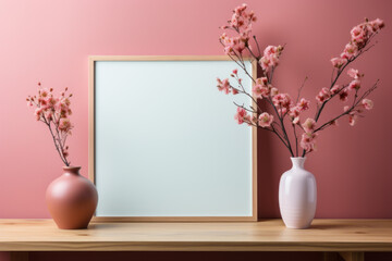 Maquette d'un cadre vide blanc photo en bois moderne minimaliste dans un intérieur design lumineux et moderne, photographie de produits, couleurs pastel, intérieur lumineux