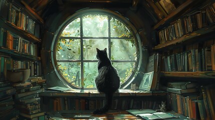 Black cat perched in a cozy attic library with lush greenery visible through a large window