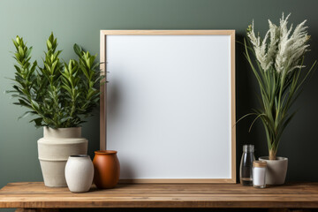 Maquette d'un cadre vide blanc photo en bois moderne minimaliste dans un intérieur design lumineux...
