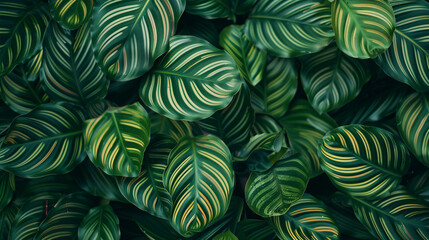 An HD image showcasing the striking foliage of Calathea Zebrina, characterized by its vibrant green leaves adorned with bold zebra-like stripes of dark green