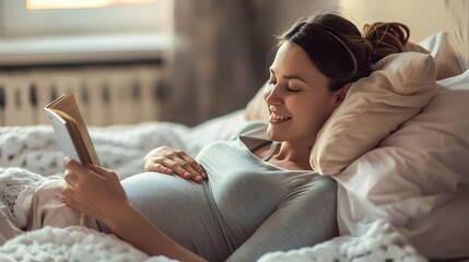 Pregnant Woman Finds Solace in Reading while Resting on Soft Bed Generative ai