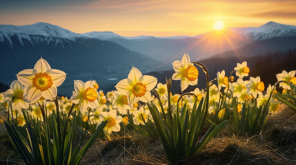 Mountain Sunrise Blooms: A vibrant scene of flowers in mountain meadows under the rising sun, showcasing the beauty of nature in spring and summer