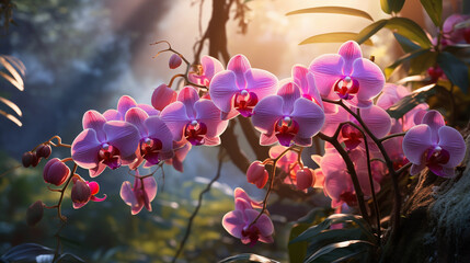 The orchid flowers in a lush garden, surrounded by nature's beauty, with shades of pink and purple...