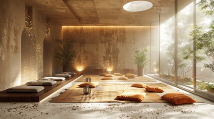 Futuristic meditation room with vibrant light showers and lush greenery in a serene setting