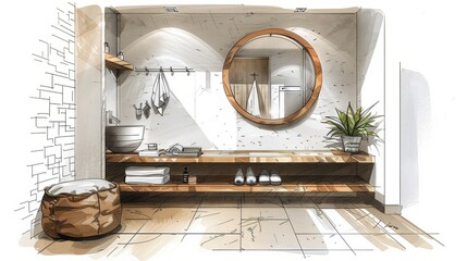 A watercolor sketch of a cozy, multifunctional entryway setup with wooden bench, hanging coats, and accents