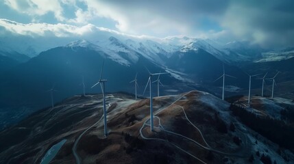 Birds eye view of wind power on barren hill mountain in winter snow covered mountain range - Powered by Adobe