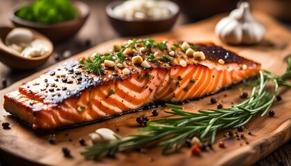 Cedar plank grilled or roasted salmon with herbs, garlic and spices
