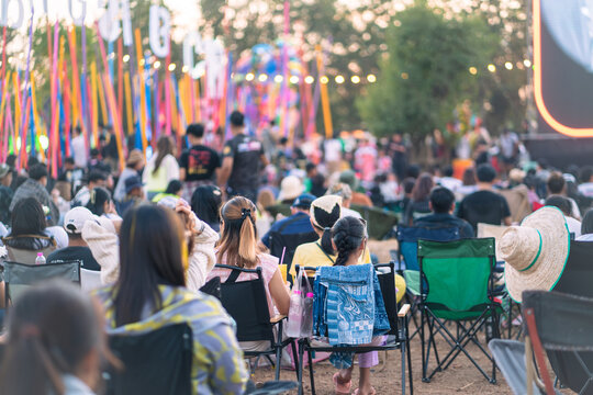 Crowd of people are sitting in chairs at a concert. Scene is lively and energetic, Summer festival concert.