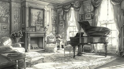 Elegant Victorian parlor room with grand piano and luxurious decor bathed in natural light