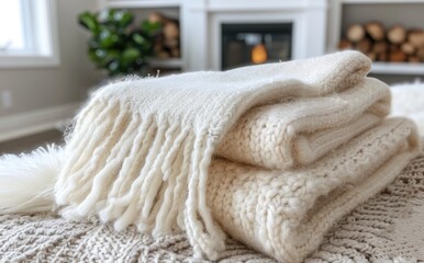 A stack of soft white blankets gracefully draped over the bed creates a calm and cozy atmosphere.