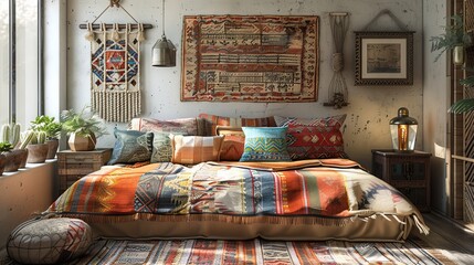 Cozy bohemian style bedroom with vibrant woven textiles and decorative plants