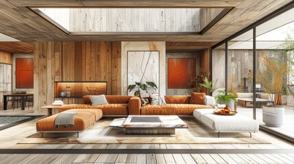 Elegant modern living room with wood paneling and stylish furniture