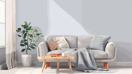 Cozy grey sofa with soft blanket and coffee table in