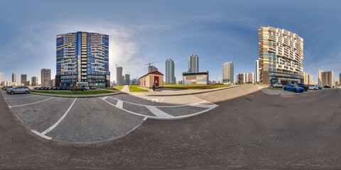 360 hdri panorama near skyscraper multistory buildings of residential quarter complex in full equirectangular seamless spherical projection - obrazy, fototapety, plakaty