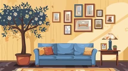 Cozy interior of living room with sofa and family tree