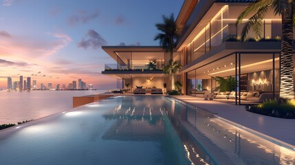 Fototapeta premium A stunning infinity pool, with palm trees and sun loungers on an outdoor patio, overlooks the skyline and a modern mansion with large windows. 