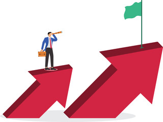 How to reach higher steps and goals, businessman standing on the low arrow and looking at the high arrow in the distance
