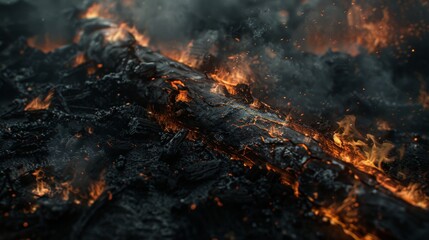 Close-up view of a fiery burnt wreckage, intense flames and charred metal