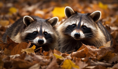 A pair of inquisitive raccoons exploring a pile of fallen leaves, their masked faces full of curiosity.