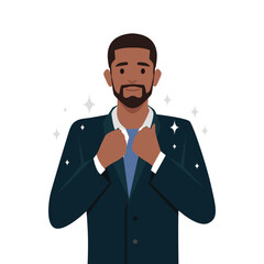Young black confident businessman in suit and tie feel successful and motivated. Flat vector illustration isolated on white background