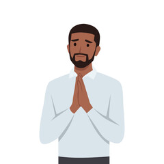 Young man praying hands together and begging. Trendy person holding palms in prayer. Flat vector illustration isolated on white background