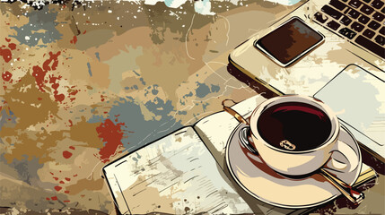 Fototapeta na wymiar Cup of coffee with notebooks and laptop on grunge background